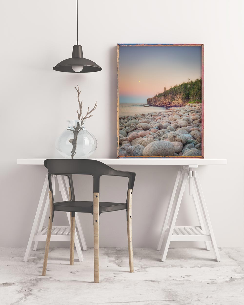 Sample framed landscape art print of round rocks on a Maine beach