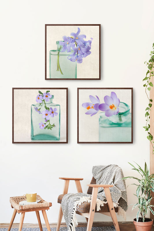 set of 3 purple floral still life prints