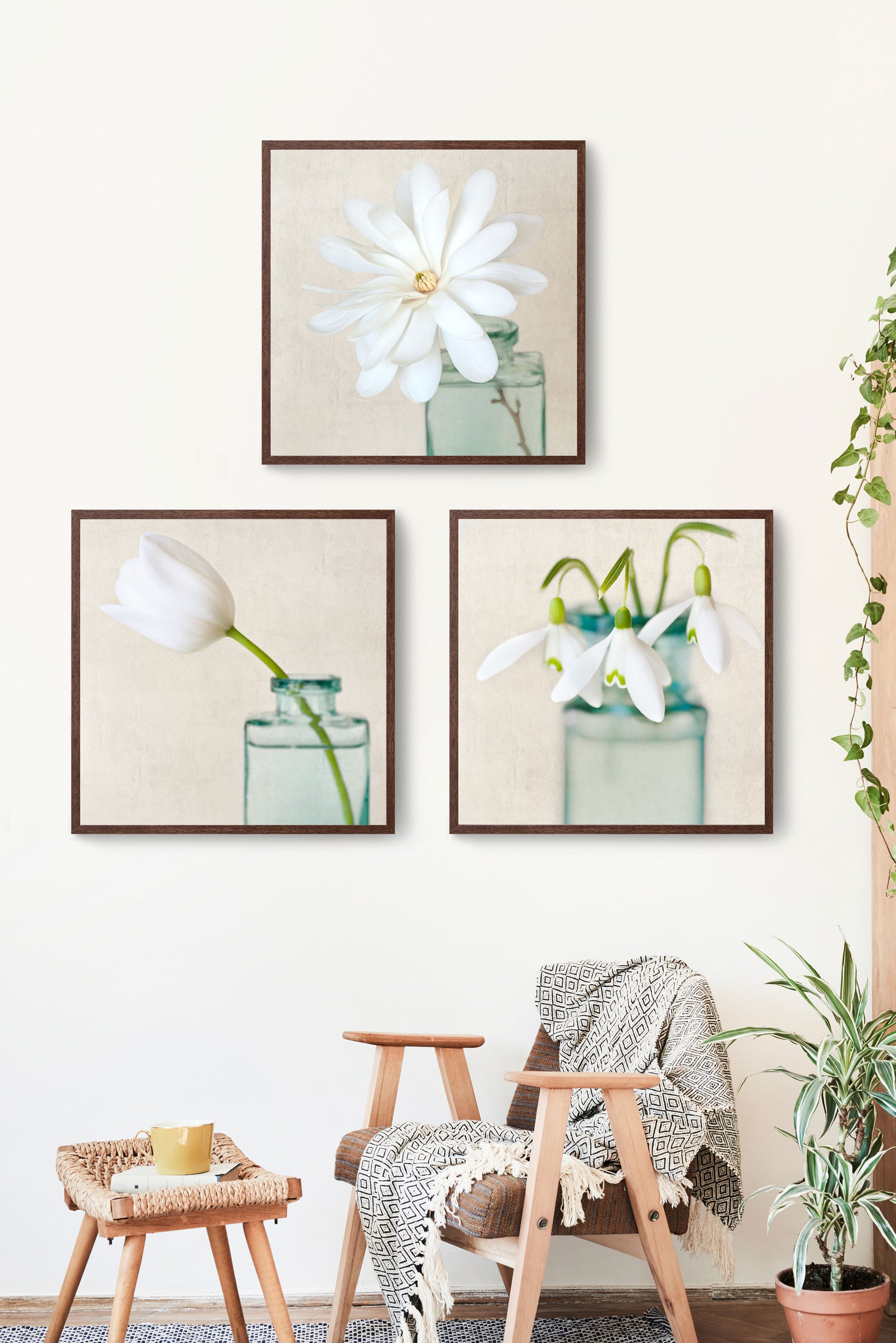 set of 3 white floral photography prints